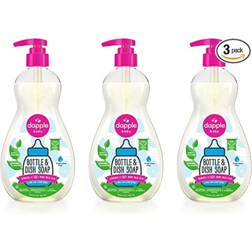 Dapple Baby Bottle Soap, Hypoallergenic Dish Soap for Baby Bottles, Powered by Plants, 1 Pump Included, Packaging May Vary, Fragrance Free, 16.9 Fl Oz (Pack of 3)