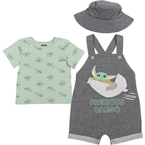 STAR WARS Chewbacca R2-D2 Yoda Baby French Terry Short Overalls T-Shirt and Hat 3 Piece Outfit Set Newborn to Infant