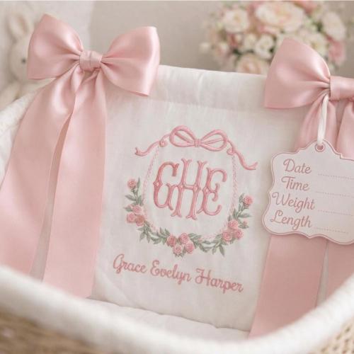 Embroidered Monogram Baby Banner, Personalized Nursery Decor, Ribbon Bow Crib Sign