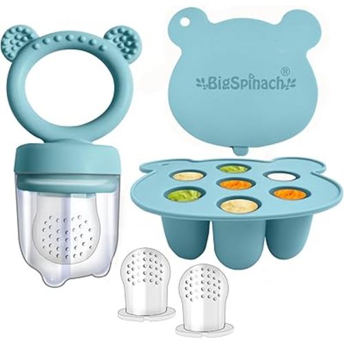 Silicone Freezer Tray and Baby Fruit Feeder Combo - Soothing Teething Relief and Food Storage Container for Babies (6 Months and Up) - Teether Toy (Blue)