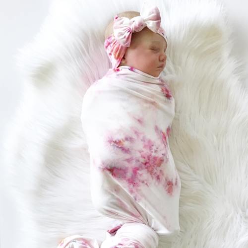 Raspberry Marbled Tie Dye Baby Girl Swaddle Set - Pink Tie Dye Swaddle/Bow Set - Newborn Baby Girl Pink/Lovely Tie Dye Fresh 48 Swaddle