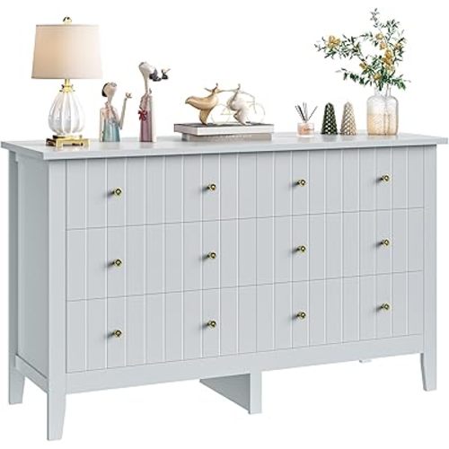 FOTOSOK White Dresser, Chest of Drawers, Modern 6 Drawer Double Dressers with Deep Drawers, Nursery Dresser for Baby, Wide Storage Organizer Cabinet for Living Room, Hallway,Gray
