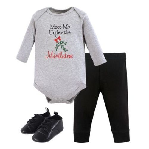 Little Treasure Baby Boy Cotton Bodysuit, Pant and Shoe 3pc Set, Mistletoe, 0-3 Months