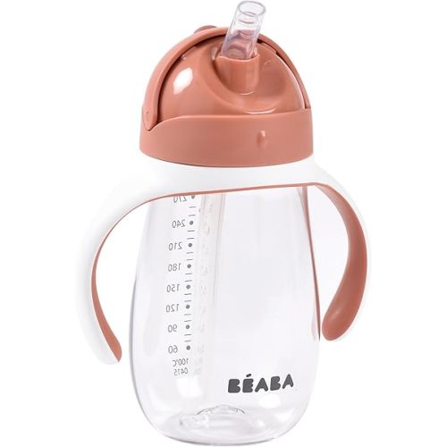 Beaba Straw Sippy Cup, Toddler Baby Straw Cup with Removable Handles, Leak and Spill Proof, BPA Phthalate Free, 8+ Months, 10 oz, Terracotta