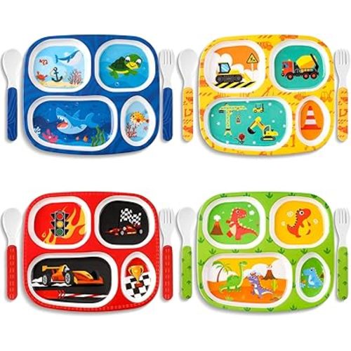 Hoolerry 4 Set Dinner Plate for Kids Boys Girls Dinnerware Divided Plates with Fork and Spoon Elk Shark Dinosaur Vehicle Excavator Unicorn Kids Dishes for Top Rack Dishwasher Safe(Cool)