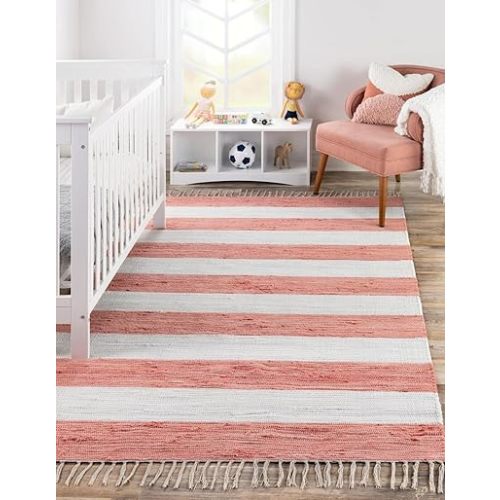 Unique Loom Chindi Rag Collection Area Rug - Striped (6' 1" x 9' Rectangle, Coral and Ivory)