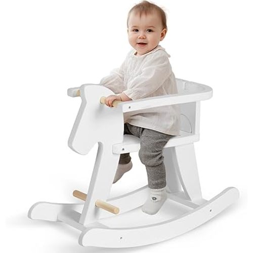 labebe - Wooden Rocking Horse, Baby Wooden Ride On Toys for 12M+, White Rocker Toy with Removable Fence, Toddler Riding Toy Indoor/Outdoor, Nursery Birthday Gift