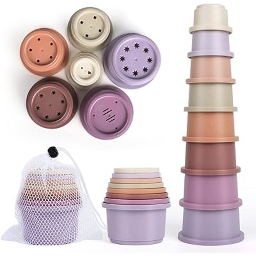 Baby Stacking Cup for Toddler 1-3, 8PCS Counting Nesting Measuring Cups Set, Stackable Bath Toy for 6-12 Months Kids, Educational Montessori Gift for Boys and Girls, Natural Sugarcane Cups for Rabbits