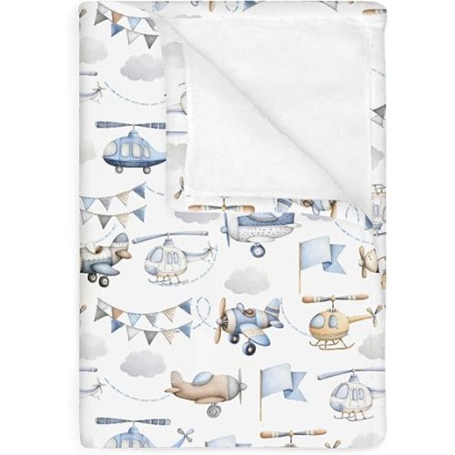 Watercolor Airplanes Helicopters Baby Blankets for Boy Girl Vintage Aircraft Soft Flannel Swaddle Receiving Blankets for Infant Toddler Crib Blue Air Transport Travel Nursery Bed Blankets 40x50inch