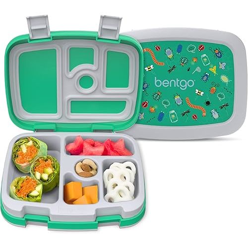 Bentgo Kids Prints Leak-Proof, 5-Compartment Bento-Style Kids Lunch Box - Ideal Portion Sizes for Ages 3-7, Durable, Drop-Proof, Dishwasher Safe, & Made with BPA-Free Materials (Bug Buddies)