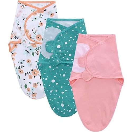 LAT Swaddle Blanket with zip Baby Girl Boy-Easy Adjustable 3 Pack Infant Sleep Sack Wrap Newborn Babies 100% Cotton Sleep Bag(Pink Flowers,0-3Months)