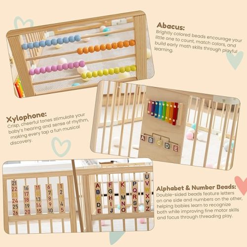 GGF Wooden Playpen & Play Yards for Babies and Toddlers, Foldable Wood Baby Play Fence with Locking Gate, Kids Activity Area Center Indoor Outdoor,57 * 57inch, Colorful