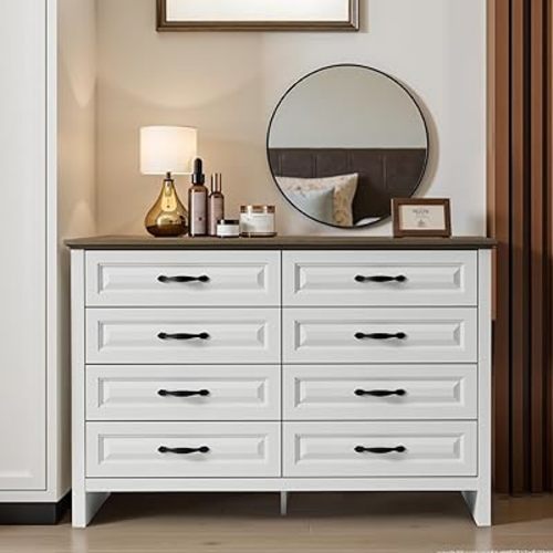 Amada Farmhouse 8 Drawer Dresser for Bedroom, 47.2 Inch Wide Wood Dresser with Natural Texture, Large Drawers, Rustic Farmhouse Chest of Drawers for Bedroom, Living Room, Hallway, Brown & White