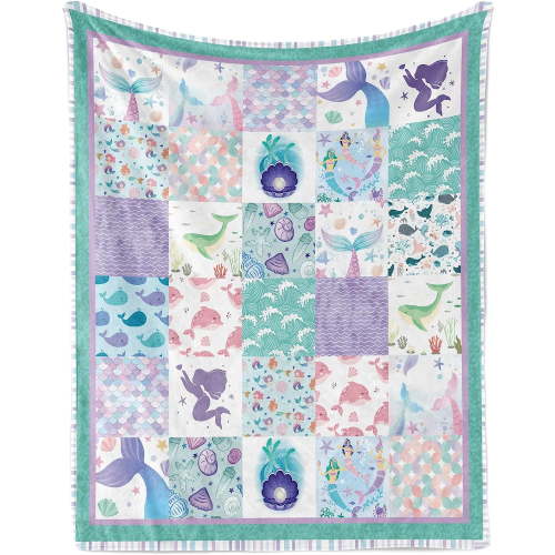 Mermaid Baby Throw Blanket for Girls, Soft Cozy Cute Mermaid Ocean Theme Plush Flannel Crib Blanket for Nursery, 30x40 inch Purple Teal Mermaid Fleece Blanket for Couch Newborn Toddler Kids Gift