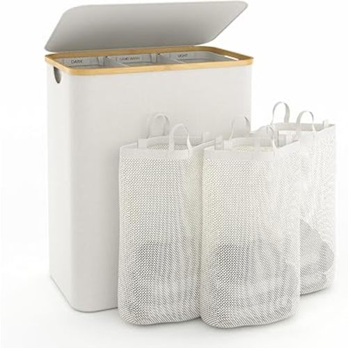 Hampers for Laundry Basket with Lid, 160L Extra Large Laundry Hamper 3 Section Dirty Clothes Hampers for Laundry Divided Laundry Basket Organizer for Bedroom,Laundry Room,Dirty Clothing Hamper,Beige