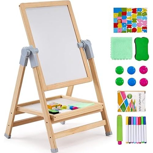 VEVOR Art Easel for Kids, 2-in-1 Wooden Double-Sided Kid's Art Easel with Magnetic Whiteboard & Chalkboard, Adjustable Standing Rotatable Foldable Drawing Board with Painting Accessories for Boy Girl