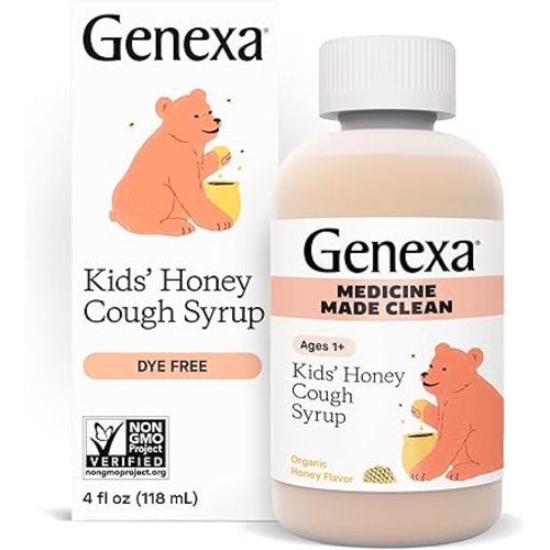 Genexa Kids’ Organic Honey Cough Syrup, Dye Free, 0% Artificial Additives, Children's Cough Remedy for Kids 2-11, Soothing Natural Honey Flavor, Gluten Free, & Non-GMO 4 fl oz