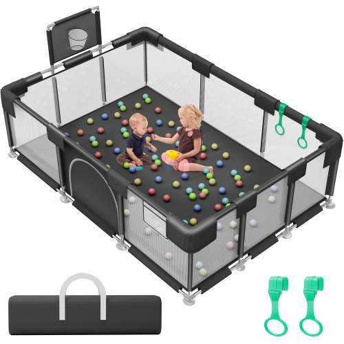 TEAYINGDE XL Baby Playpen, 71-inch with Basketball Hoop/Breathable Mesh, Indoor/Outdoor, Black