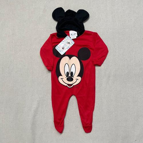 80s Kids Toddler Infant Deadstock NWT Vintage Disney Baby Mickey Big Print Red Longsleeve Footie with Hood / 6m 9m