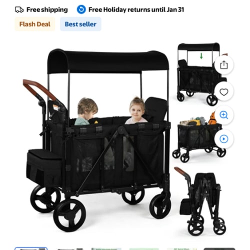 Vomeast Wagon Stroller for 2 Kids, 3-in-1 Outdoor baby stroller with Canopy, 5-Point Harness, Adjustable Handlebars, Removable Seat for Toddlers, Black
