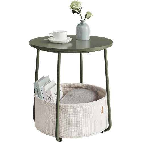 Small Round Side End Table, Modern Nightstand with Fabric Basket, Forest Green and Cream White