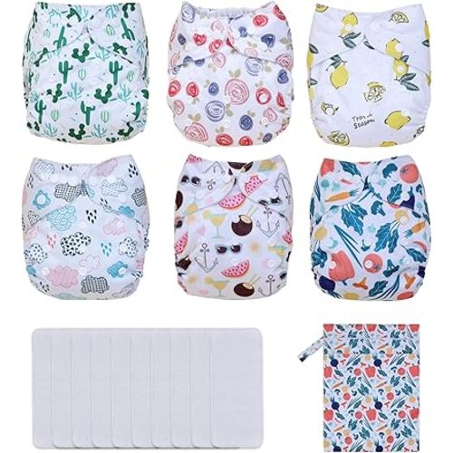 Cloth Diapers Washable Reusable One Size Adjustable for Baby 6 Pack with 10 Inserts, 1 Wet Bag