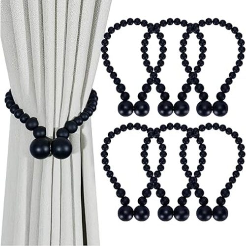 Magnetic Curtain Tiebacks, Curtain Tie Backs for Curtains 6 Pack, Wood Bead Curtain Tiebacks, Curtain Holders for Boho Bedroom Decor, Baby Nursery Decor, Farmhouse Decor