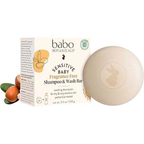 Babo Botanicals Sensitive Baby Fragrance-Free 2-in-1 Shampoo & Wash Bar - Shea Butter, Calendula & Aloe Vera - EWG Verified - Cruelty-Free - Vegan - Pediatrician Tested - For Babies & Kids