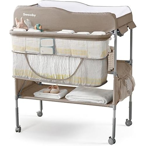 Sweeby Portable Baby Changing Table, Foldable Diaper Changing Station with Waterproof Pad, Mobile Nursery Organizer for Infant & Newborn Essentials, Light Khaki, Standard