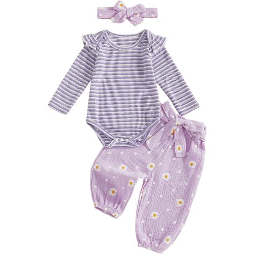 Kaipiclos Newborn Infant Girl Clothes Rib Knit Romper Daisy Print Pants Headband Baby Clothes for Girls 0 3 6 12 18 24 Months