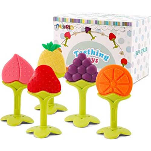NASHRIO Baby Teething Toys Pack of 5 - Silicone BPA Free Natural Organic Freezer Safe Teethers for Newborn Infant, Soft & Textured - Babies Shower Gift
