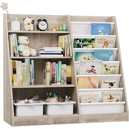 Kids Bookshelf Wood Toy Storage Organizer Cabinet Children Bookcase Toddler Baby Sling Book Rack Adjustable Shelf for Playroom Bedroom Nursery Hallway School Kindergarten