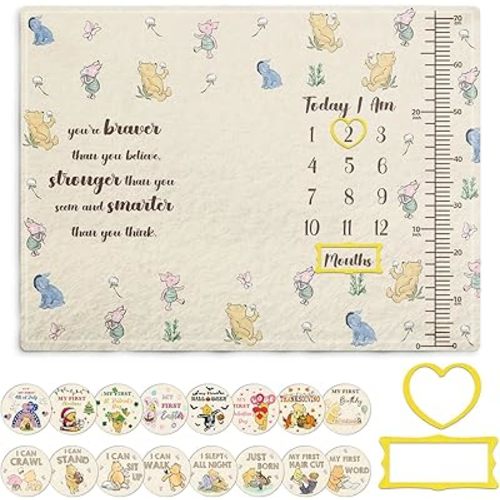 Winnie Baby Milestone Blanket, Pooh Blanket Growth Chart for New Parents, Winnie Photo Calendar Monthly Growth Chart, with Double-Sided Printed Cardstock(16 Unforgettable Moments of Babies) 30 * 40in