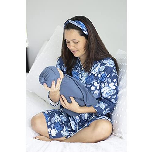 Mommy o' Clock Mommy Robe for Maternity and Baby Swaddle Blanket, Milk Silk Matching Delivery Robe and Swaddling Wrap for Mom and Baby (S/M (0-12), Classic Blue Roses)