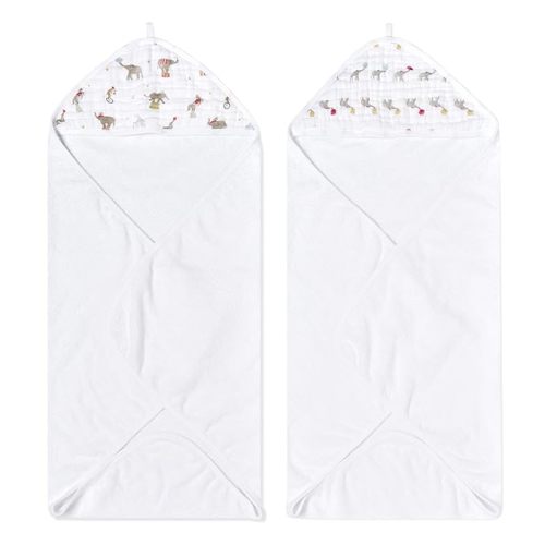 aden + anais Essentials Hooded Baby Bath Towel, Super Soft 100% Cotton, 2 Pack, Elephant Circus