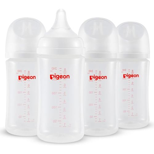 Pigeon PP Nursing Bottle Wide Neck, Anti-Colic, Streamlined Body, Natural Feel, Easy to Clean, 8.1 Oz(Pack of 4), Includes 4pcs M Nipples (3m+)