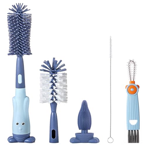 5-in-1 Baby Bottle Brush Set, Bottle Brush for Baby, Baby Bottle Scrubber, Including Silicone & Nylon Bottle Brush, Bottle Cap Brush, Straw Brush, Nipple Brush, BPA-Free (Blue)