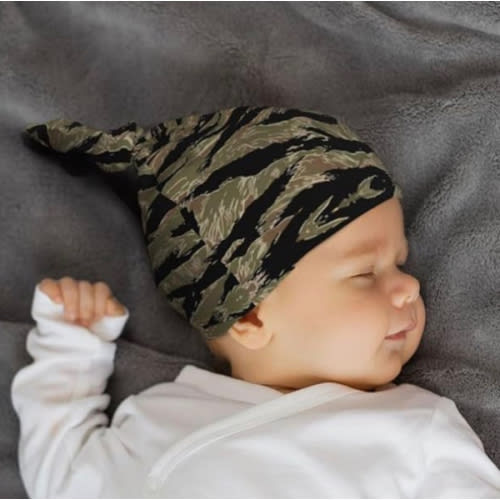 Tiger Stripe Camo Baby Beanie Knotted Hat - Stretchy Soft Unisex Accessory Caps for Newborn Boys and Girls 0-6 Months