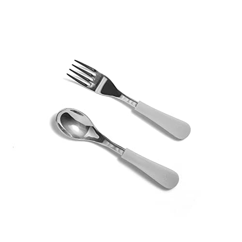 Avanchy Baby Fork Set, Stainless Steel and Silicone Spork Utensils, Toddler Baby Led Weaning Silverware Cutlery Flatware, Kids First Self Feeding 2 Pack, Gray Spoon, Fork