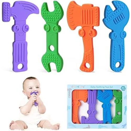 TYRY.HU Baby Teething Toys for Babies 0-6 Months 6-12 Months, BPA Free Silicone Baby Molar Teether Chew Toys, Hammer Wrench Spanner Pliers for Boys Girls, Soft-Textured, Easy to Hold & Clean, 4 Packs