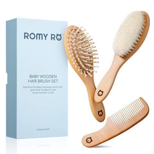 ROMY RO Wooden Hair Brush Set - Premium Baby Comb and Brush - Soft Natural Bristles - Organic Products - Perfect Registry Gift - Cradle Cap Brush for Newborns & Toddlers