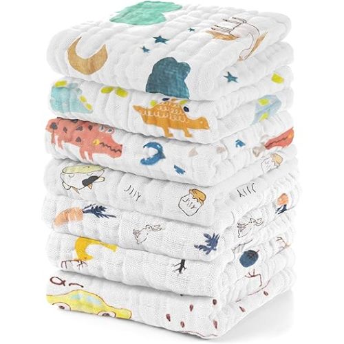 Muslin Pattern Baby Washcloths Pack of 7 - Absorbent Baby Bath and Face Towels, Soft Face Cloths for Newborn 100% Cotton Baby Wipes, Burp Cloths, Feeding Towels for Babies and Infants - 10 x 10