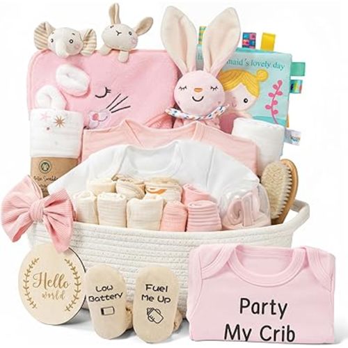 28-Piece Baby Shower Gifts for Girls, Baby Essentials for Newborn, Large Baby Girl Gift Basket, Gender Reveal Gifts, Baby Registry Search, Diaper Caddy Organizer (Pink)