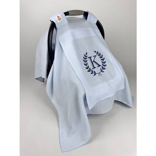 Car Seat Canopy Cover Baby Girl and Boy Muslin Gauze Baby Blue with Peekaboo Mesh Window, Personalized Carseat Cover
