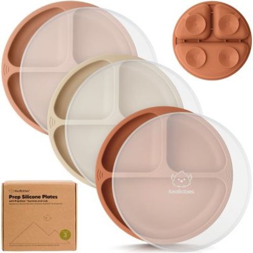 3-pack Prep Suction Plates With Lids, 100% Silicone Baby Plates With Lid, Bpa-free Kids Divided Toddler Plates (macaron)