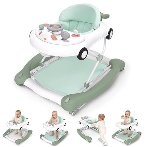 5-in-1 Convertible Baby Walker with Steering Wheel Music Activity Center – Infant Rocker, Jumper, Push Walker, Bouncer & Feeding Foldable Walker for Ages 6-18 Months Boys Girls (Mint)