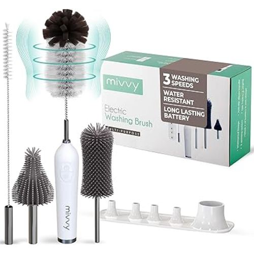 Electric Bottle Brush Cleaner, Baby Bottle Brush Set, 3-Speed Button 360° Efficient Clean, Long-Lasting Battery, 4 Brush Heads, Extended-Reach for Easy Cleaning, Drying Stand Included, Waterproof