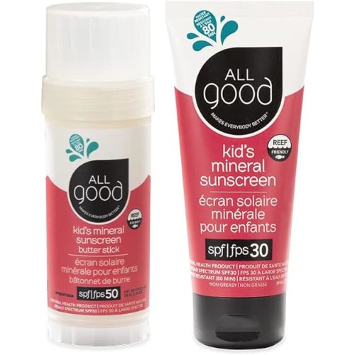 All Good Baby & Kids Mineral Face & Body Sunscreen - UVA/UVB Broad Spectrum, Coral Reef Friendly, Water Resistant, Zinc Oxide - SPF 50 Butter Stick & SPF 30 Lotion