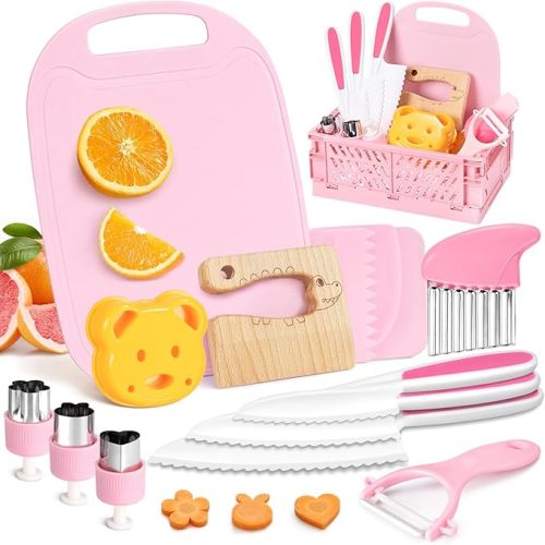 28PCS Toddler Knife Set - Kids Knifes for Real Cooking, Wooden Kids Kitchen Knife Set with Gloves Cutting Board Crinkle Cutters Kid Safe Knives, Toddlers Kitchen Tools (Crocodile 16PCS Set)