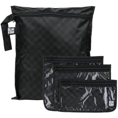 Bumkins Waterproof Wet Bag and Packing Pouches, TSA Airline Compliant, Pack for Baby, Travel, Swim Suit, Cloth Diapers, Pump Parts, Pool, Gym Clothes, Toiletry, Daycare, Zip Bag, 4-pc Set Black Check
